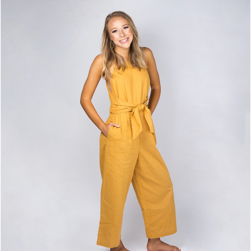 Anthropology yellow tie front jumpsuit
